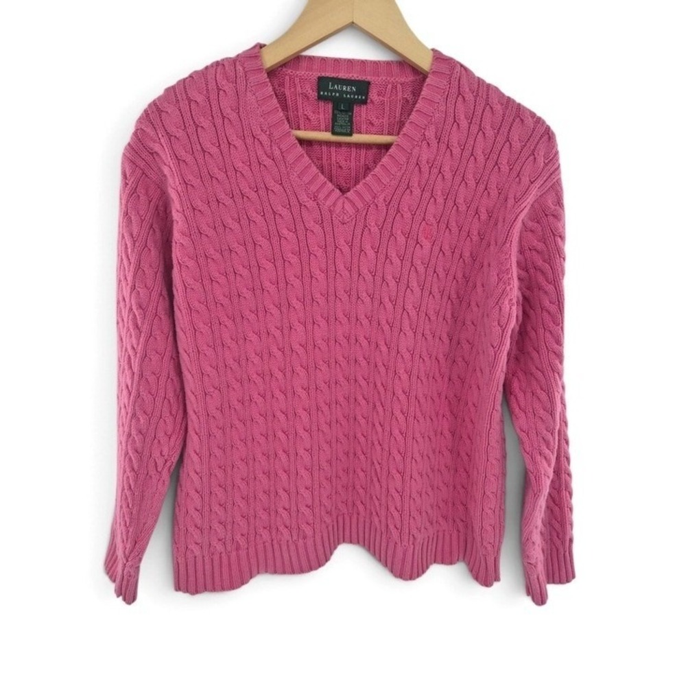 Vintage 90s Lauren Ralph Lauren Cable Knit V-Neck Sweater Womens Size Large Pink